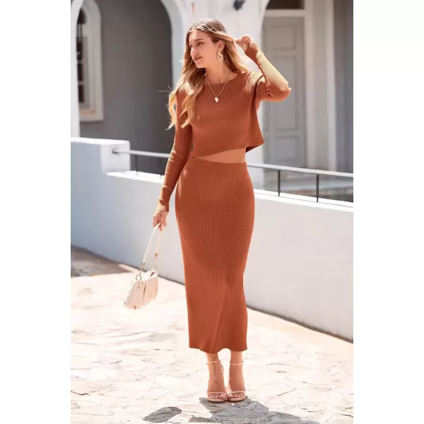 imagePRETTYGARDEN Womens Fall 2 Piece Sweater Set Rib Knit Long Sleeve Crop Top Maxi Bodycon Skirt Casual Winter OutfitsCaramel