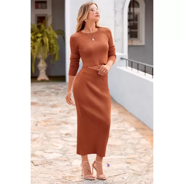 imagePRETTYGARDEN Womens Fall 2 Piece Sweater Set Rib Knit Long Sleeve Crop Top Maxi Bodycon Skirt Casual Winter OutfitsCaramel