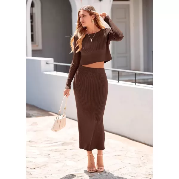 imagePRETTYGARDEN Womens Fall 2 Piece Sweater Set Rib Knit Long Sleeve Crop Top Maxi Bodycon Skirt Casual Winter OutfitsCoffee