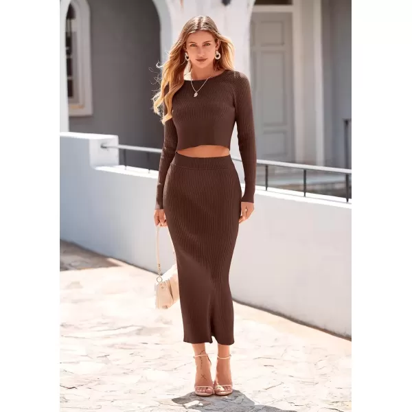 imagePRETTYGARDEN Womens Fall 2 Piece Sweater Set Rib Knit Long Sleeve Crop Top Maxi Bodycon Skirt Casual Winter OutfitsCoffee