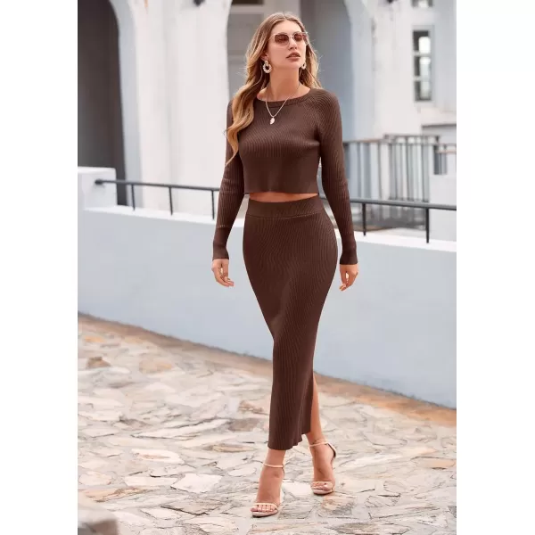 imagePRETTYGARDEN Womens Fall 2 Piece Sweater Set Rib Knit Long Sleeve Crop Top Maxi Bodycon Skirt Casual Winter OutfitsCoffee