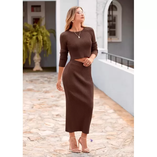 imagePRETTYGARDEN Womens Fall 2 Piece Sweater Set Rib Knit Long Sleeve Crop Top Maxi Bodycon Skirt Casual Winter OutfitsCoffee