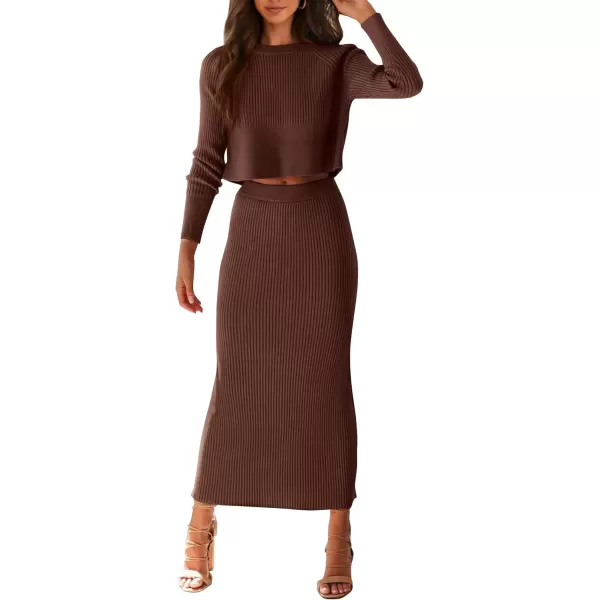 imagePRETTYGARDEN Womens Fall 2 Piece Sweater Set Rib Knit Long Sleeve Crop Top Maxi Bodycon Skirt Casual Winter OutfitsCoffee