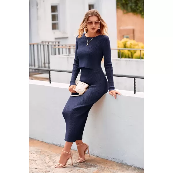 imagePRETTYGARDEN Womens Fall 2 Piece Sweater Set Rib Knit Long Sleeve Crop Top Maxi Bodycon Skirt Casual Winter OutfitsDark Blue