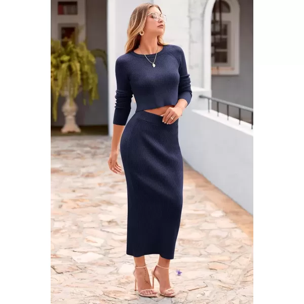 imagePRETTYGARDEN Womens Fall 2 Piece Sweater Set Rib Knit Long Sleeve Crop Top Maxi Bodycon Skirt Casual Winter OutfitsDark Blue