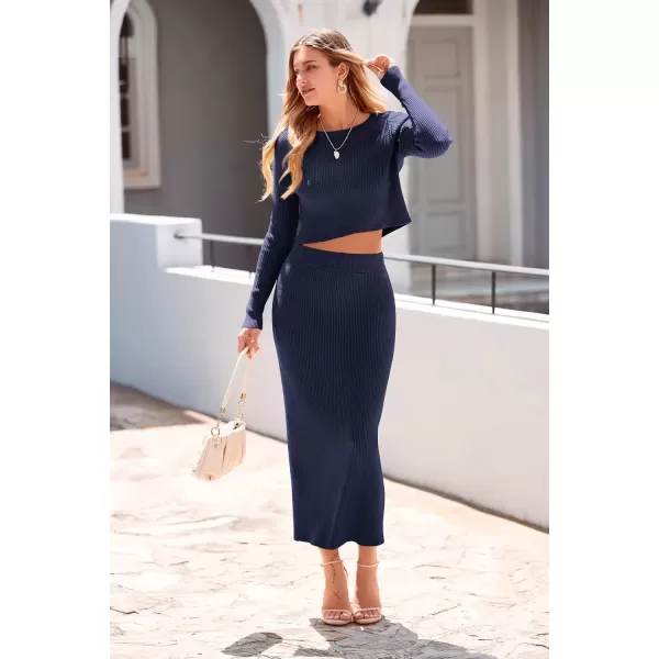 imagePRETTYGARDEN Womens Fall 2 Piece Sweater Set Rib Knit Long Sleeve Crop Top Maxi Bodycon Skirt Casual Winter OutfitsDark Blue
