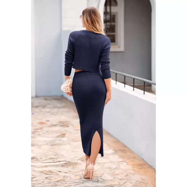 imagePRETTYGARDEN Womens Fall 2 Piece Sweater Set Rib Knit Long Sleeve Crop Top Maxi Bodycon Skirt Casual Winter OutfitsDark Blue