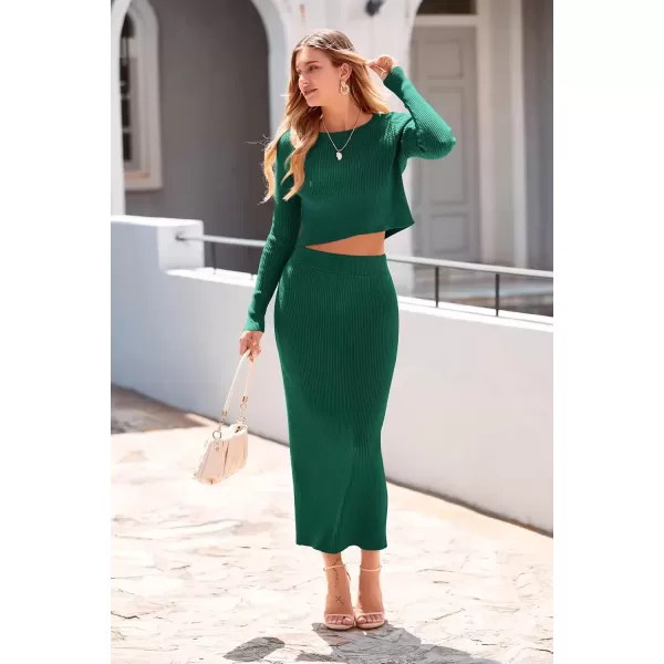 imagePRETTYGARDEN Womens Fall 2 Piece Sweater Set Rib Knit Long Sleeve Crop Top Maxi Bodycon Skirt Casual Winter OutfitsDark Green