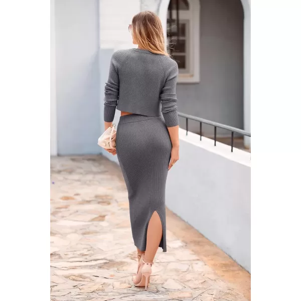 imagePRETTYGARDEN Womens Fall 2 Piece Sweater Set Rib Knit Long Sleeve Crop Top Maxi Bodycon Skirt Casual Winter OutfitsGrey