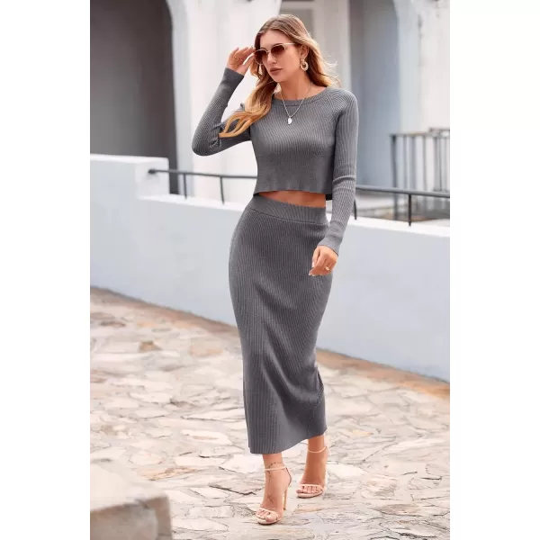 imagePRETTYGARDEN Womens Fall 2 Piece Sweater Set Rib Knit Long Sleeve Crop Top Maxi Bodycon Skirt Casual Winter OutfitsGrey