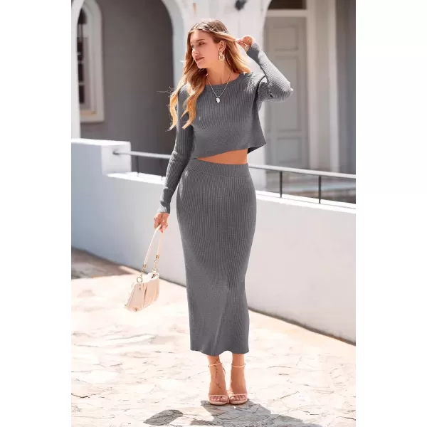 imagePRETTYGARDEN Womens Fall 2 Piece Sweater Set Rib Knit Long Sleeve Crop Top Maxi Bodycon Skirt Casual Winter OutfitsGrey