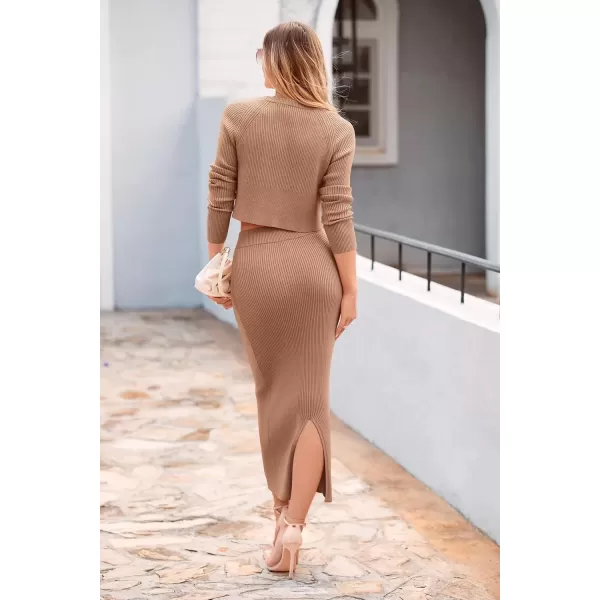 imagePRETTYGARDEN Womens Fall 2 Piece Sweater Set Rib Knit Long Sleeve Crop Top Maxi Bodycon Skirt Casual Winter OutfitsKhaki