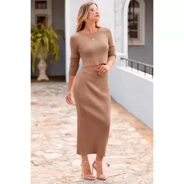 imagePRETTYGARDEN Womens Fall 2 Piece Sweater Set Rib Knit Long Sleeve Crop Top Maxi Bodycon Skirt Casual Winter OutfitsKhaki