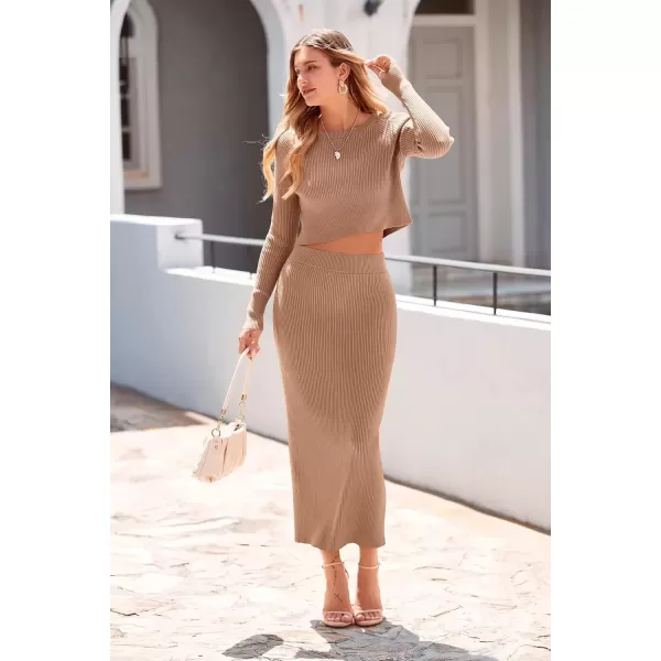 imagePRETTYGARDEN Womens Fall 2 Piece Sweater Set Rib Knit Long Sleeve Crop Top Maxi Bodycon Skirt Casual Winter OutfitsKhaki