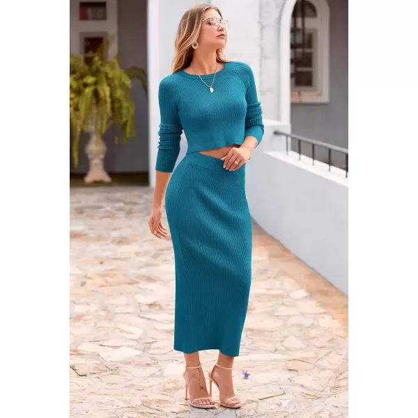 imagePRETTYGARDEN Womens Fall 2 Piece Sweater Set Rib Knit Long Sleeve Crop Top Maxi Bodycon Skirt Casual Winter OutfitsLake Blue