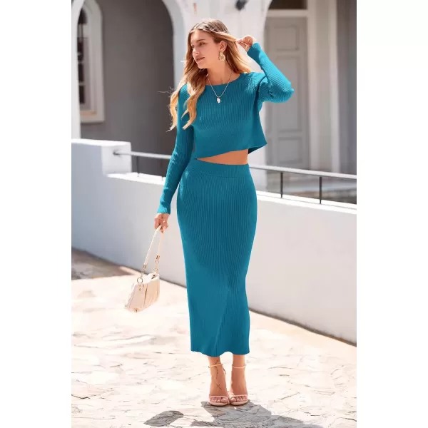 imagePRETTYGARDEN Womens Fall 2 Piece Sweater Set Rib Knit Long Sleeve Crop Top Maxi Bodycon Skirt Casual Winter OutfitsLake Blue