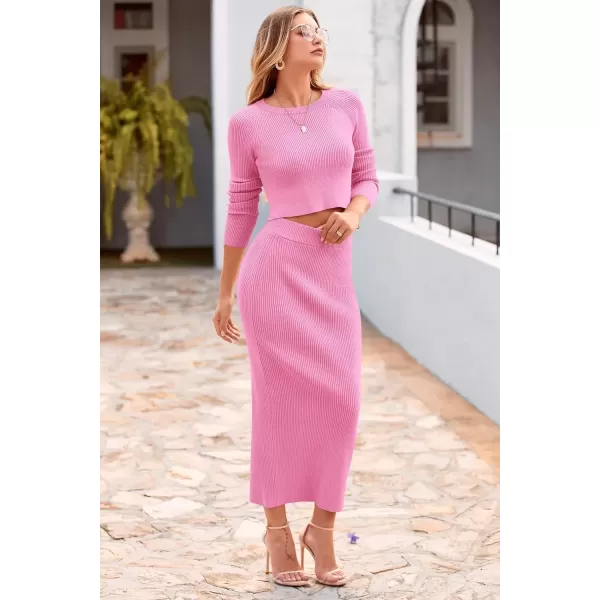 imagePRETTYGARDEN Womens Fall 2 Piece Sweater Set Rib Knit Long Sleeve Crop Top Maxi Bodycon Skirt Casual Winter OutfitsPink