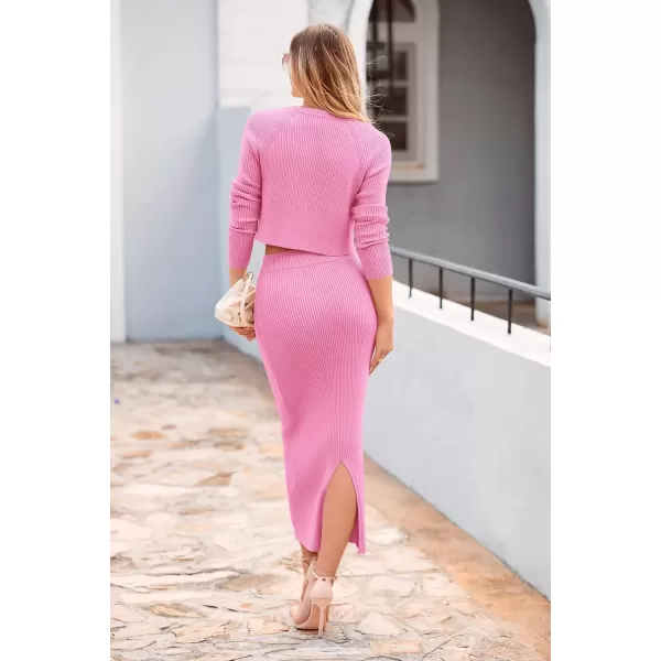 imagePRETTYGARDEN Womens Fall 2 Piece Sweater Set Rib Knit Long Sleeve Crop Top Maxi Bodycon Skirt Casual Winter OutfitsPink
