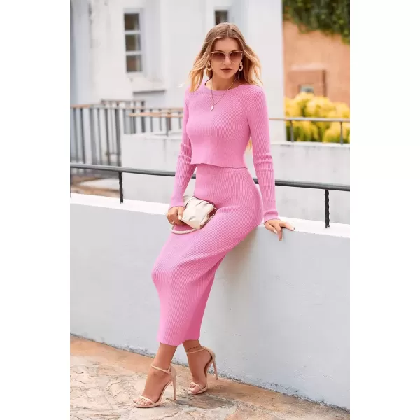 imagePRETTYGARDEN Womens Fall 2 Piece Sweater Set Rib Knit Long Sleeve Crop Top Maxi Bodycon Skirt Casual Winter OutfitsPink