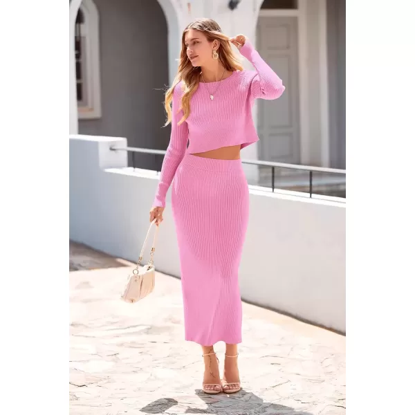 imagePRETTYGARDEN Womens Fall 2 Piece Sweater Set Rib Knit Long Sleeve Crop Top Maxi Bodycon Skirt Casual Winter OutfitsPink