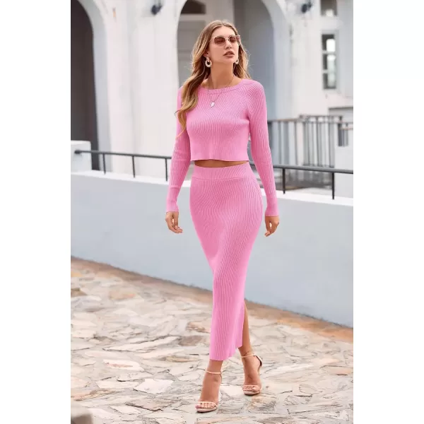 imagePRETTYGARDEN Womens Fall 2 Piece Sweater Set Rib Knit Long Sleeve Crop Top Maxi Bodycon Skirt Casual Winter OutfitsPink
