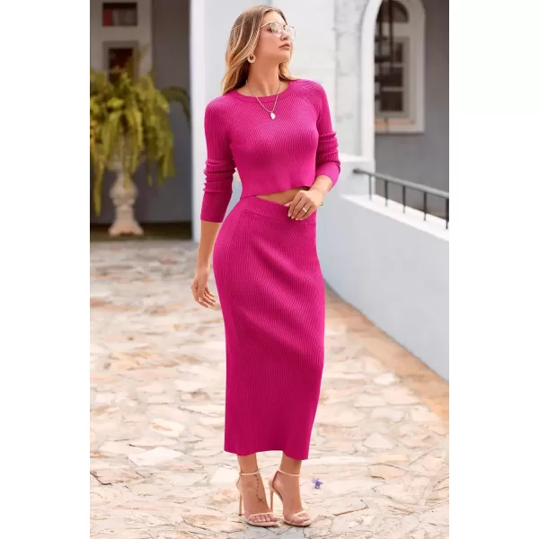imagePRETTYGARDEN Womens Fall 2 Piece Sweater Set Rib Knit Long Sleeve Crop Top Maxi Bodycon Skirt Casual Winter OutfitsRose Red