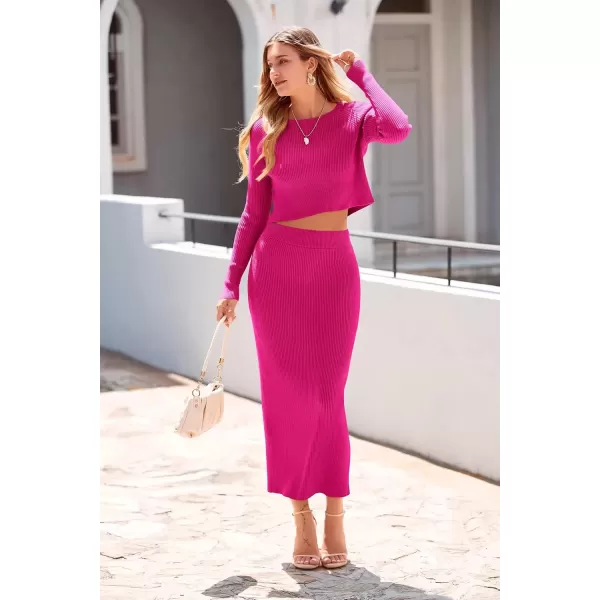 imagePRETTYGARDEN Womens Fall 2 Piece Sweater Set Rib Knit Long Sleeve Crop Top Maxi Bodycon Skirt Casual Winter OutfitsRose Red