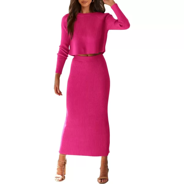 imagePRETTYGARDEN Womens Fall 2 Piece Sweater Set Rib Knit Long Sleeve Crop Top Maxi Bodycon Skirt Casual Winter OutfitsRose Red