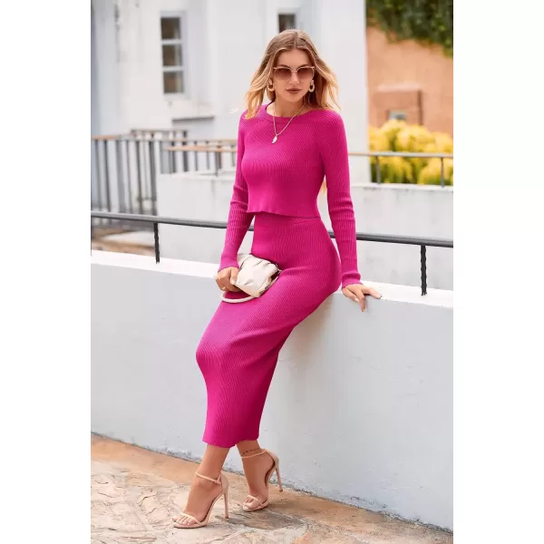imagePRETTYGARDEN Womens Fall 2 Piece Sweater Set Rib Knit Long Sleeve Crop Top Maxi Bodycon Skirt Casual Winter OutfitsRose Red