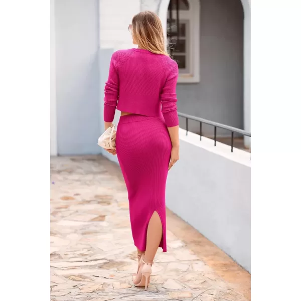 imagePRETTYGARDEN Womens Fall 2 Piece Sweater Set Rib Knit Long Sleeve Crop Top Maxi Bodycon Skirt Casual Winter OutfitsRose Red