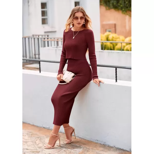imagePRETTYGARDEN Womens Fall 2 Piece Sweater Set Rib Knit Long Sleeve Crop Top Maxi Bodycon Skirt Casual Winter OutfitsWine Red
