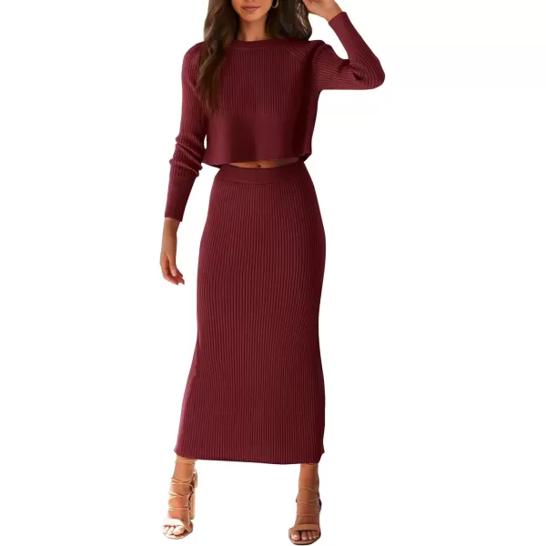 imagePRETTYGARDEN Womens Fall 2 Piece Sweater Set Rib Knit Long Sleeve Crop Top Maxi Bodycon Skirt Casual Winter OutfitsWine Red