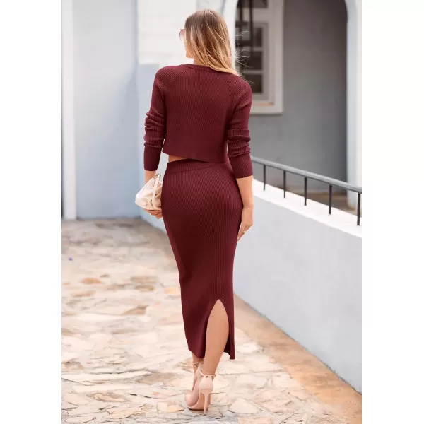 imagePRETTYGARDEN Womens Fall 2 Piece Sweater Set Rib Knit Long Sleeve Crop Top Maxi Bodycon Skirt Casual Winter OutfitsWine Red