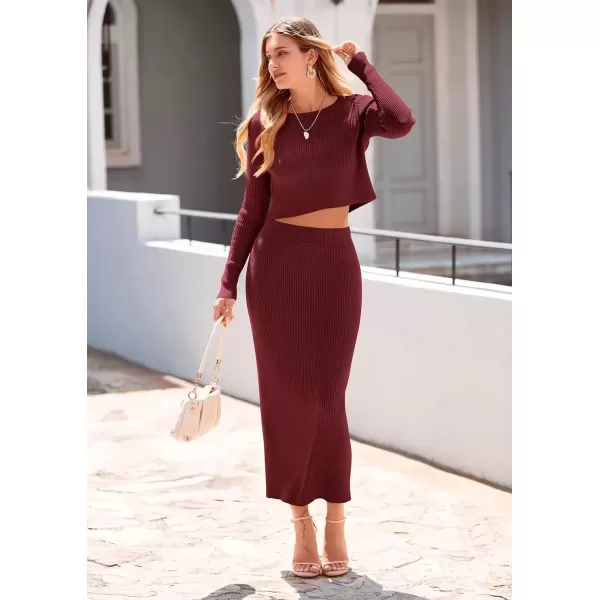 imagePRETTYGARDEN Womens Fall 2 Piece Sweater Set Rib Knit Long Sleeve Crop Top Maxi Bodycon Skirt Casual Winter OutfitsWine Red