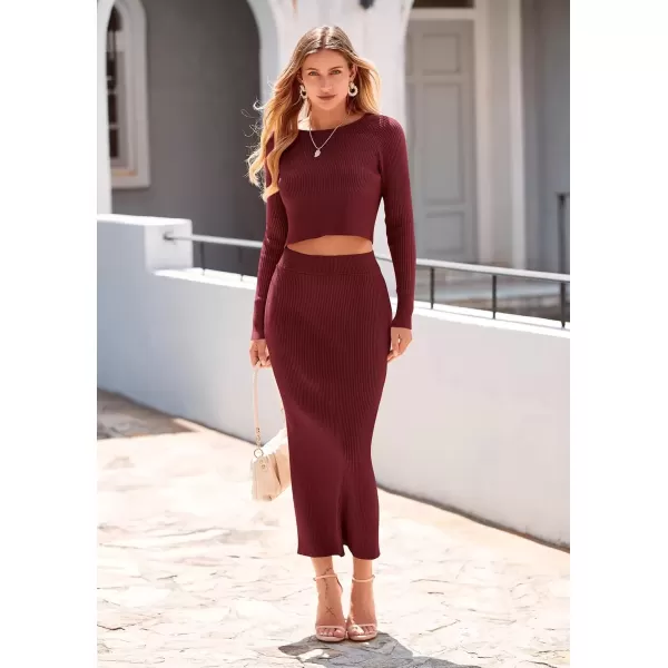 imagePRETTYGARDEN Womens Fall 2 Piece Sweater Set Rib Knit Long Sleeve Crop Top Maxi Bodycon Skirt Casual Winter OutfitsWine Red