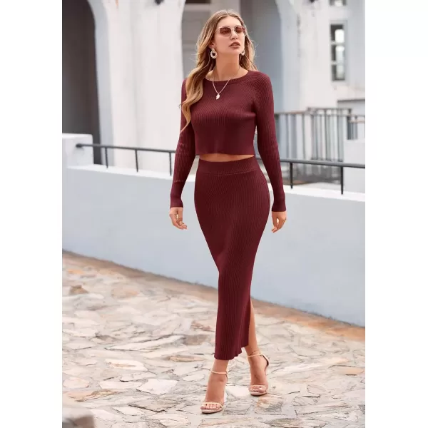 imagePRETTYGARDEN Womens Fall 2 Piece Sweater Set Rib Knit Long Sleeve Crop Top Maxi Bodycon Skirt Casual Winter OutfitsWine Red