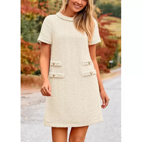 imagePRETTYGARDEN Womens Summer Tweed Short Dress Crewneck Short Sleeve A Line Mini Casual Elegant Cute Party Vintage DressesBeige White