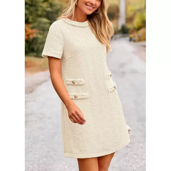 imagePRETTYGARDEN Womens Summer Tweed Short Dress Crewneck Short Sleeve A Line Mini Casual Elegant Cute Party Vintage DressesBeige White