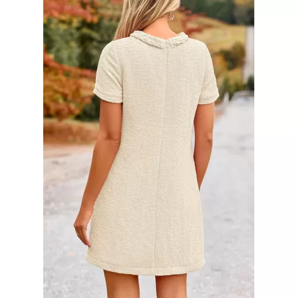 imagePRETTYGARDEN Womens Summer Tweed Short Dress Crewneck Short Sleeve A Line Mini Casual Elegant Cute Party Vintage DressesBeige White