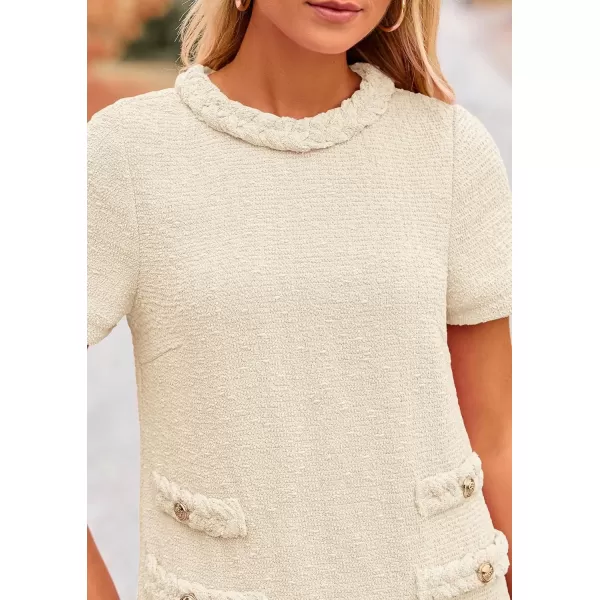 imagePRETTYGARDEN Womens Summer Tweed Short Dress Crewneck Short Sleeve A Line Mini Casual Elegant Cute Party Vintage DressesBeige White