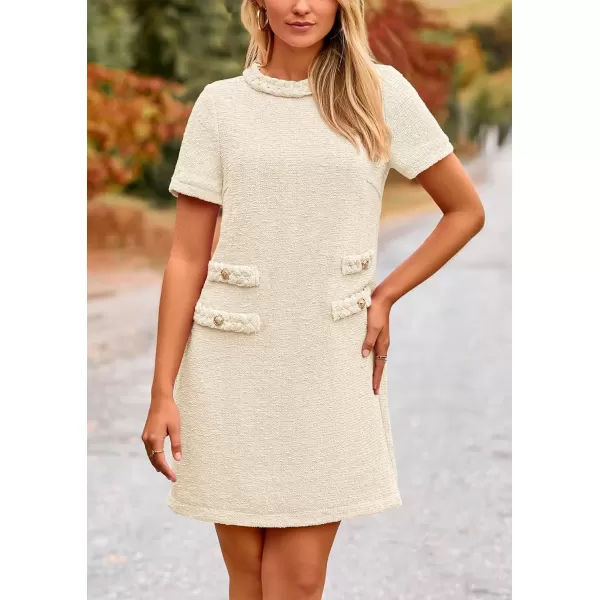 imagePRETTYGARDEN Womens Summer Tweed Short Dress Crewneck Short Sleeve A Line Mini Casual Elegant Cute Party Vintage DressesBeige White