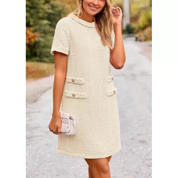 imagePRETTYGARDEN Womens Summer Tweed Short Dress Crewneck Short Sleeve A Line Mini Casual Elegant Cute Party Vintage DressesBeige White