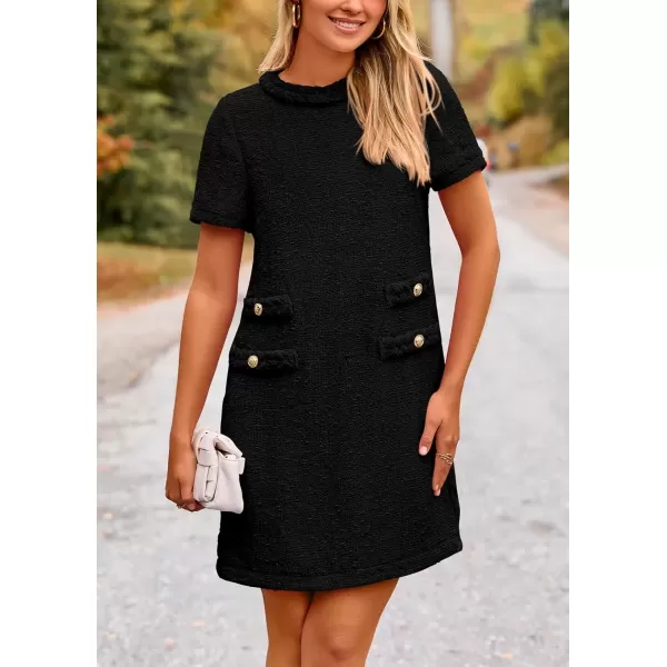 imagePRETTYGARDEN Womens Summer Tweed Short Dress Crewneck Short Sleeve A Line Mini Casual Elegant Cute Party Vintage DressesBlack