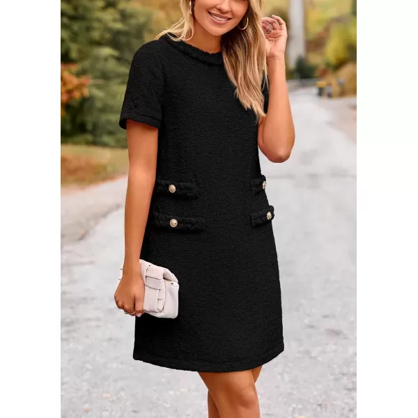 imagePRETTYGARDEN Womens Summer Tweed Short Dress Crewneck Short Sleeve A Line Mini Casual Elegant Cute Party Vintage DressesBlack