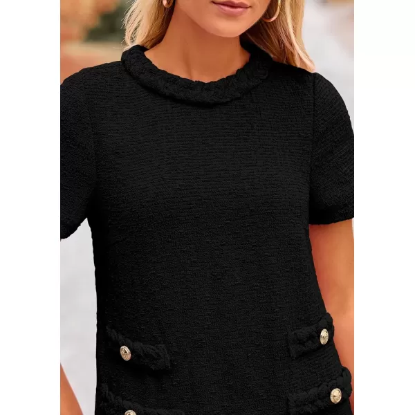 imagePRETTYGARDEN Womens Summer Tweed Short Dress Crewneck Short Sleeve A Line Mini Casual Elegant Cute Party Vintage DressesBlack