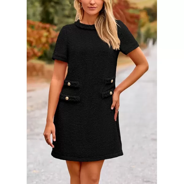 imagePRETTYGARDEN Womens Summer Tweed Short Dress Crewneck Short Sleeve A Line Mini Casual Elegant Cute Party Vintage DressesBlack