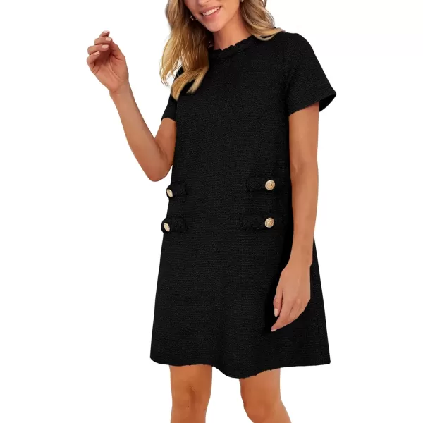 imagePRETTYGARDEN Womens Summer Tweed Short Dress Crewneck Short Sleeve A Line Mini Casual Elegant Cute Party Vintage DressesBlack