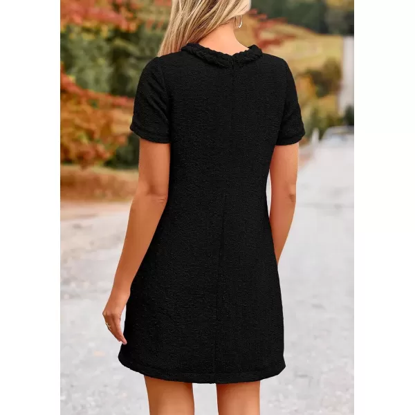 imagePRETTYGARDEN Womens Summer Tweed Short Dress Crewneck Short Sleeve A Line Mini Casual Elegant Cute Party Vintage DressesBlack