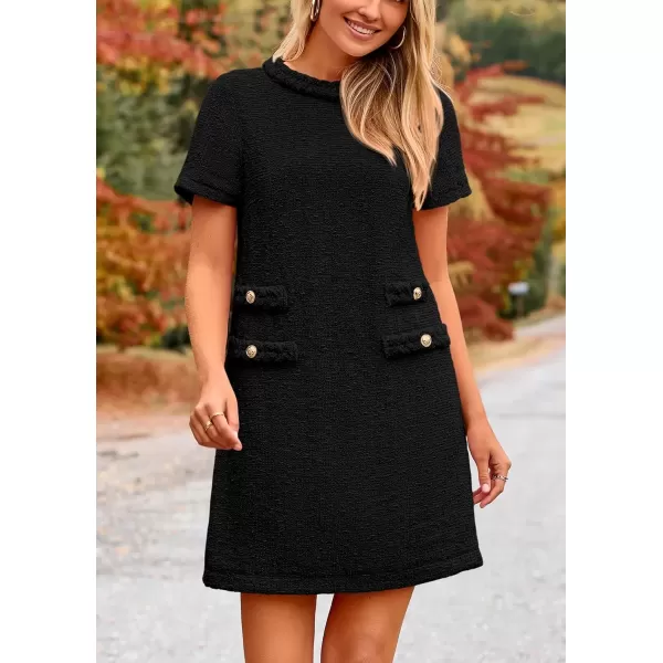 imagePRETTYGARDEN Womens Summer Tweed Short Dress Crewneck Short Sleeve A Line Mini Casual Elegant Cute Party Vintage DressesBlack