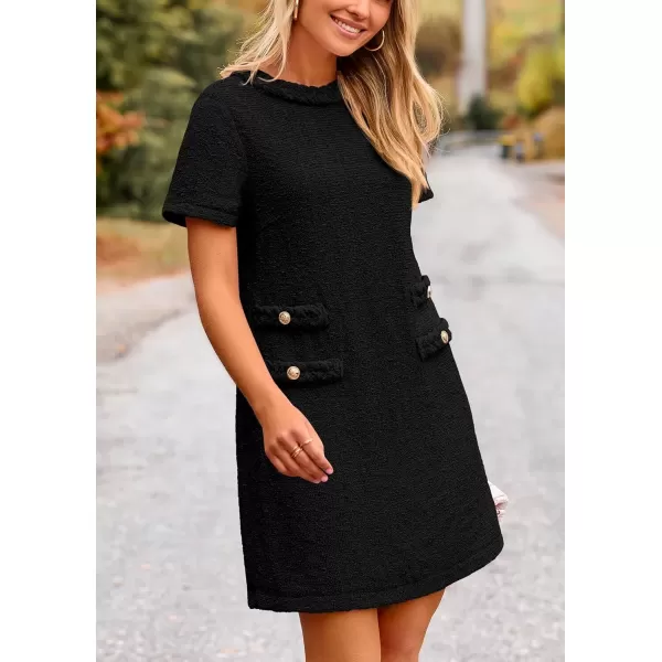 imagePRETTYGARDEN Womens Summer Tweed Short Dress Crewneck Short Sleeve A Line Mini Casual Elegant Cute Party Vintage DressesBlack